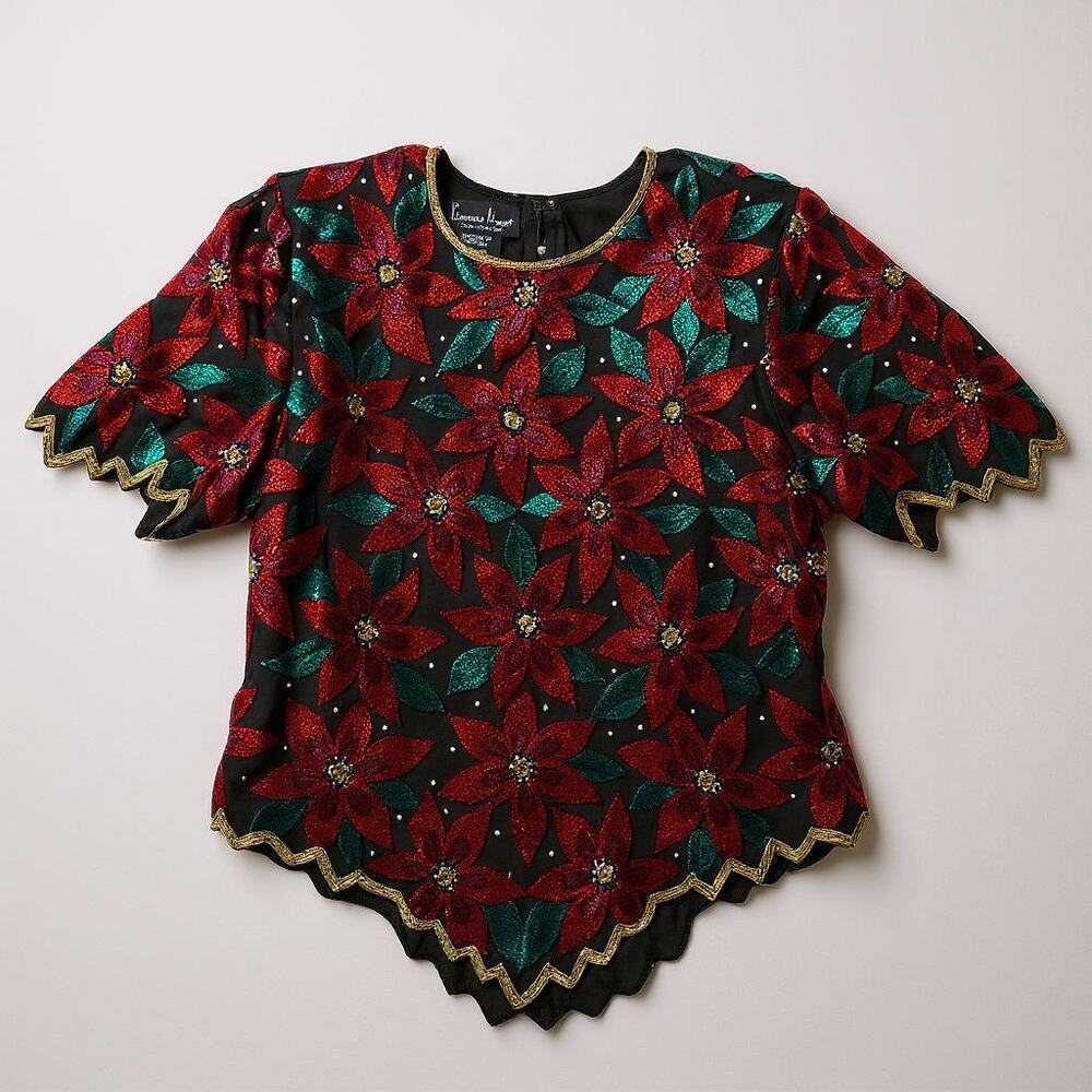 Laurence Kazar Silk Beaded Sequin Poinsettia‎ Christmas Blouse Ladies Silk XL